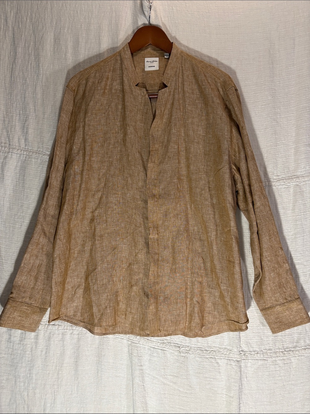 Murano Baird McNutt Irish Linen Mandarin Collar Shirt XL EUC Natural Tan Beach